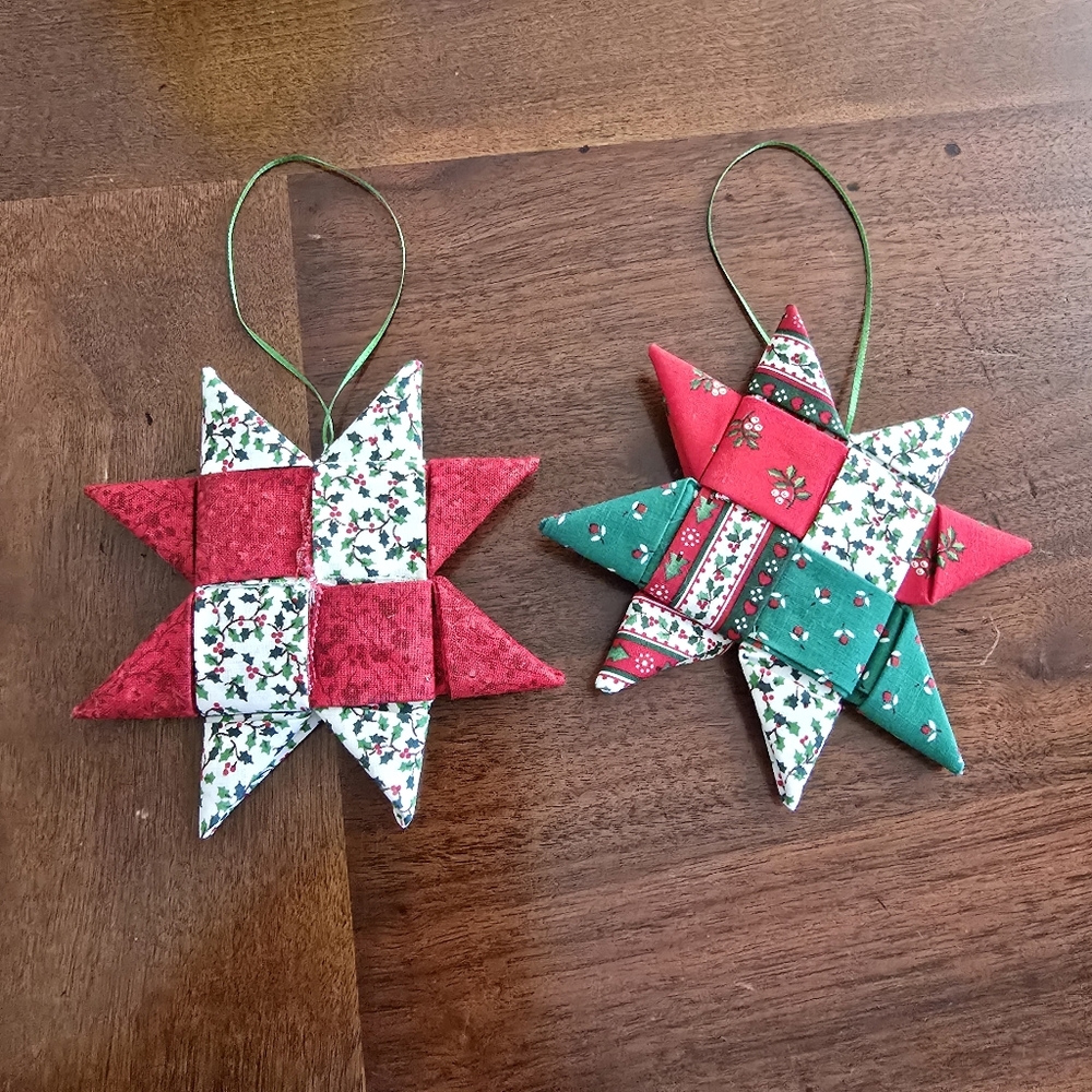 Festive Red and Green Star Ornaments Patchwork Handmade